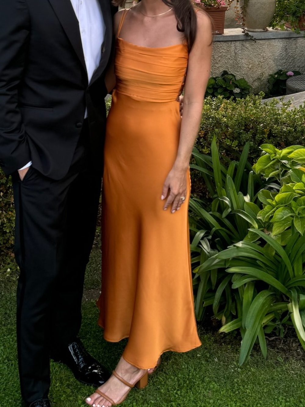 Astr Orange Satin Maxi Dress with Ruched Bodice